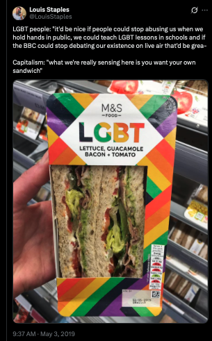 Accused of 'rainbow washing': The M&S LGBT Sandwich (lettuce, guacamole, bacon & tomato in rainbow packaging for Pride Month 2019).