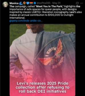 Levi's Meet You in the Park campaign demonstrates how not to avoid rainbow washing: screenshot is of a twitter post that details the importance of connection to the LGBTQ+ community and how Levi's didn't roll back on DEI initiatives. 