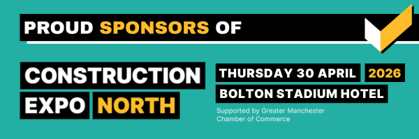 Event graphic in green, black and yellow which states "proud sponsors of Construction Expo North" and notes it takes place Thursday 30 April 2026 at Bolton Stadium Hotel.