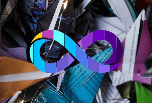 This image is a close up of origami cranes in lots of different colours with the Neurodiversity Pride logo which is a rainbow infinity loop to support this blog on inclusive recruitment.