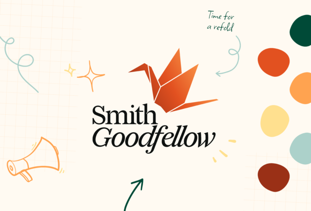 This image has a cream background with our new copper origami crane logo (colour gradient from darker copper at the base to a lighter copper towards the wing tip) and black 'Smith Goodfellow' text in the centre. This is surrounded by sketched sparkles, confetti, and megaphone icons. On the right hand side there are playful splotches of colour from our expanded palette, including a burgundy, mint green, yellow, and orange.
