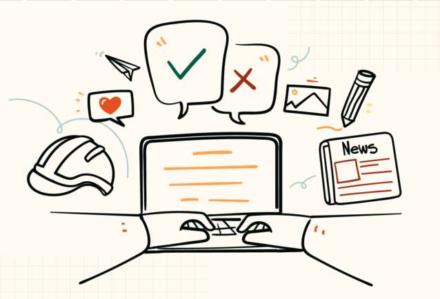 This is an illustrated graphic with hands typing on a laptop. Above there are icons such hard hats, social 'likes', speech marks with a green tick and red cross, picture icon, pencil, and a front cover of a news paper.
